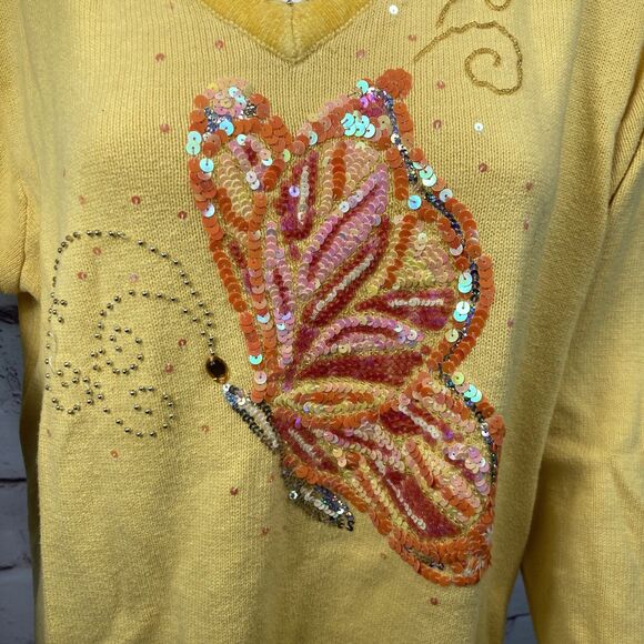 Quacker Factory Women’s MEDIUM Yellow Sequin Butterfly Sweater Whimsical SZ 1X - Picture 5 of 14